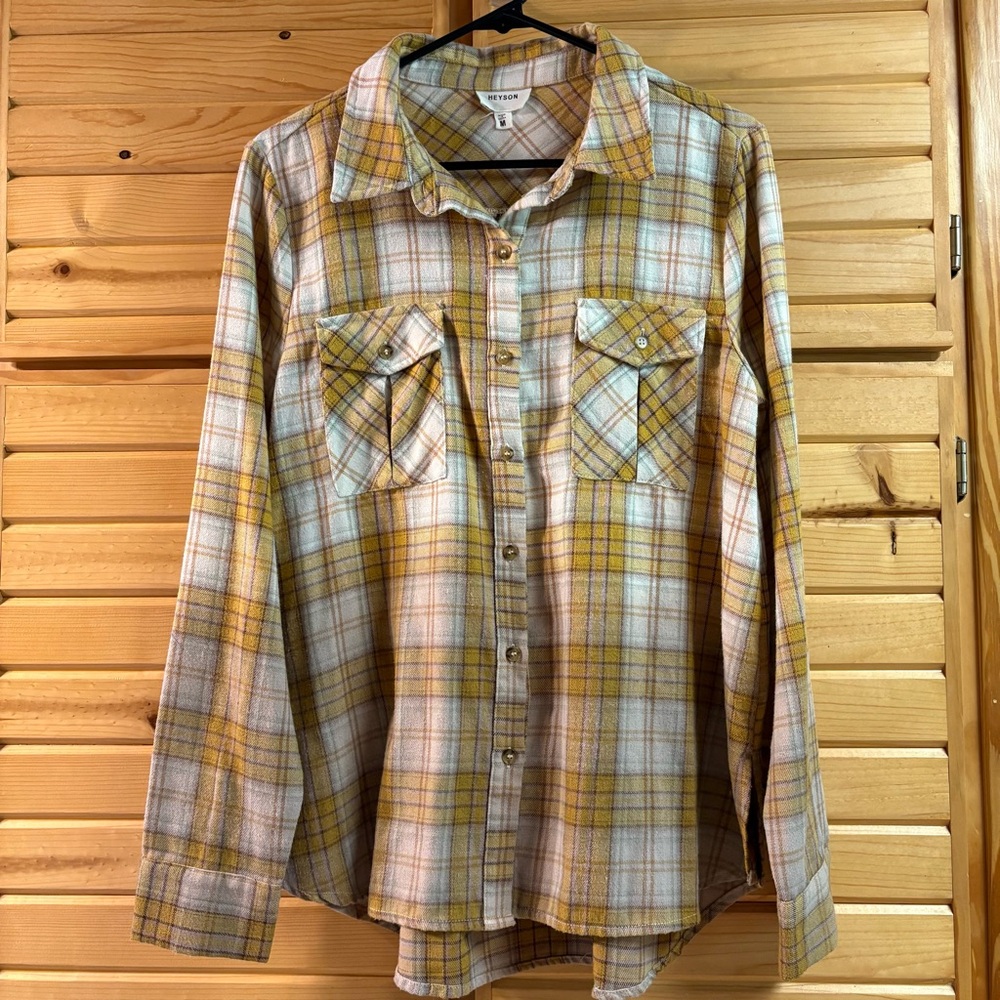 HEYSON OMBRÉ BUTTON UP FLANNEL, YELLOW AND WHITE, SIZE M